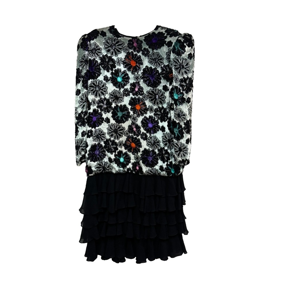 Vintage Judy Hornby Couture Dress 12 black  Floral Velvet Drop Waist Tiered